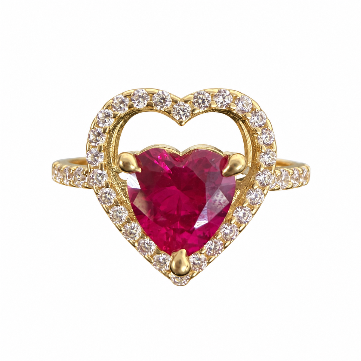 14KT Gold Ring Women's Red Heart CZ Stone Center with Round White CZ Stones Outline Heart Border and White CZ Stones Band