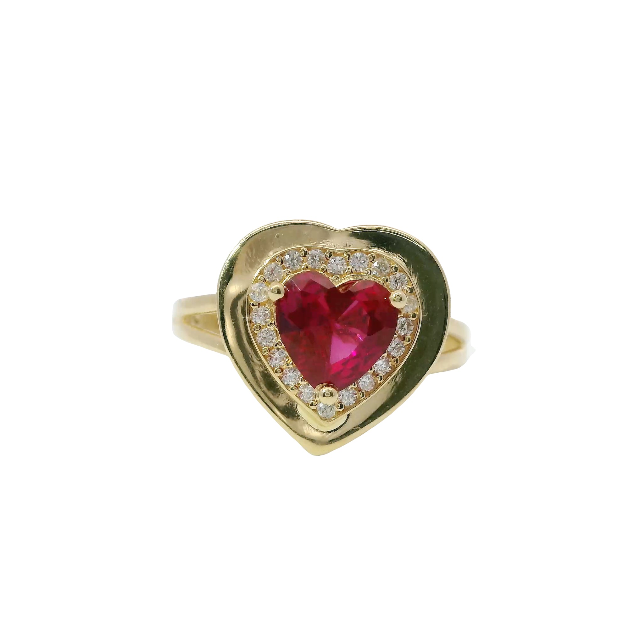 14KT Gold Ring Women's Red Heart Center CZ Stone with White CZ Stones Border, Plain Platform Border, and Plain Split Band