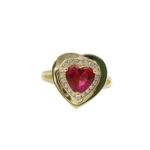 14KT Gold Ring Women's Red Heart Center CZ Stone with White CZ Stones Border, Plain Platform Border, and Plain Split Band