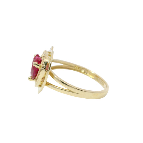 14KT Gold Ring Women's Red Heart Center CZ Stone with White CZ Stones Border, Plain Platform Border, and Plain Split Band