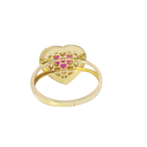 14KT Gold Ring Women's Red Heart Center CZ Stone with White CZ Stones Border, Plain Platform Border, and Plain Split Band