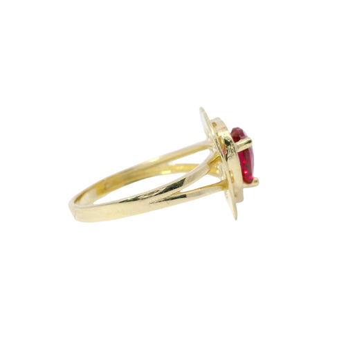 14KT Gold Ring Women's Red Heart Center CZ Stone with White CZ Stones Border, Plain Platform Border, and Plain Split Band