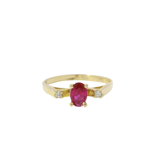 14KT Gold Ring Women's Mini Oval Red Hidden Halo Center CZ Stone with Two White Round Shoulder CZ Stones and Plain Band
