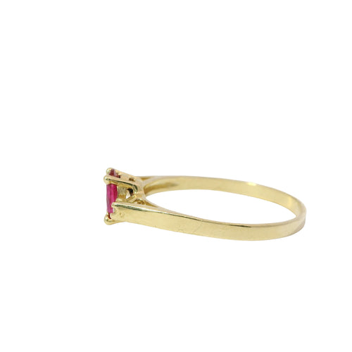 14KT Gold Ring Women's Mini Oval Red Hidden Halo Center CZ Stone with Two White Round Shoulder CZ Stones and Plain Band