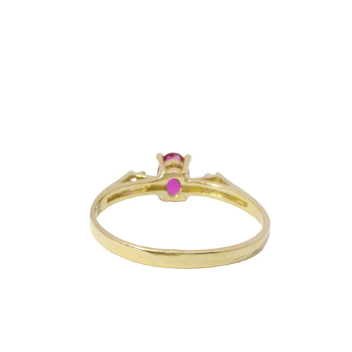 14KT Gold Ring Women's Mini Oval Red Hidden Halo Center CZ Stone with Two White Round Shoulder CZ Stones and Plain Band