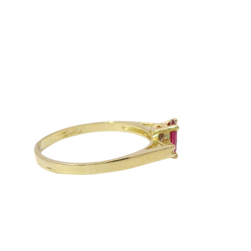 14KT Gold Ring Women's Mini Oval Red Hidden Halo Center CZ Stone with Two White Round Shoulder CZ Stones and Plain Band