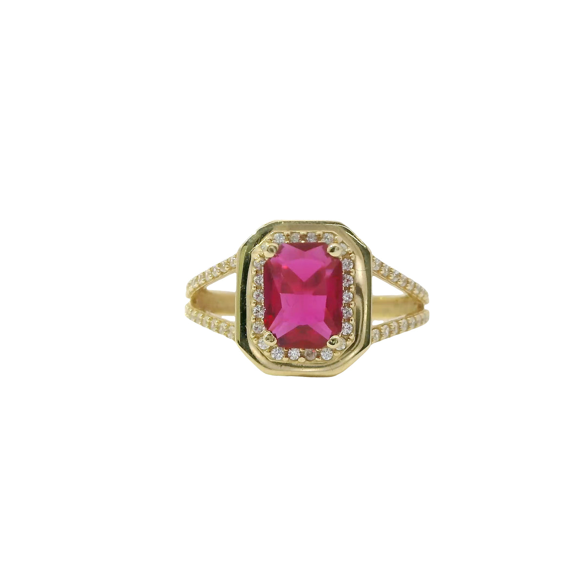 14KT Gold Ring Women's Red Rectangle Center CZ with Round White CZ Stone Border and Plain Octagon Border with Split CZ Stone Band