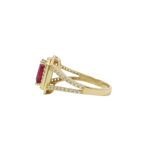 14KT Gold Ring Women's Red Rectangle Center CZ with Round White CZ Stone Border and Plain Octagon Border with Split CZ Stone Band