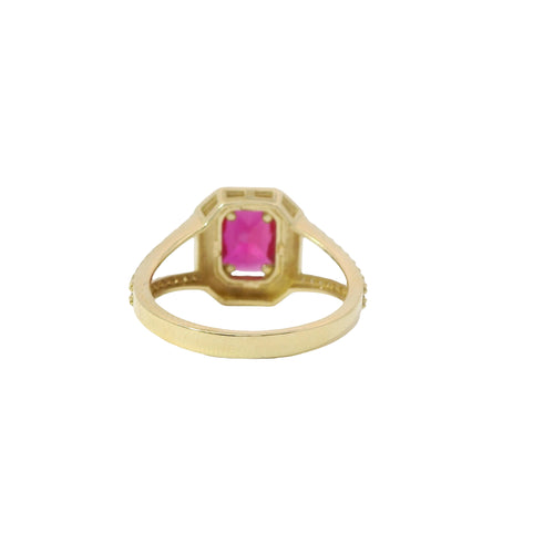 14KT Gold Ring Women's Red Rectangle Center CZ with Round White CZ Stone Border and Plain Octagon Border with Split CZ Stone Band