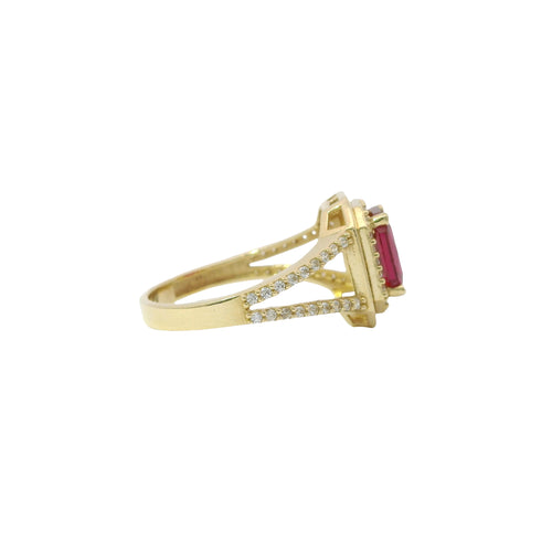 14KT Gold Ring Women's Red Rectangle Center CZ with Round White CZ Stone Border and Plain Octagon Border with Split CZ Stone Band