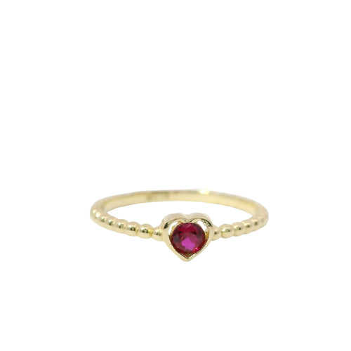14KT Gold Ring Women's Red Round CZ Stone Center with Plain Heart Shape Border and Plain Beaded Band