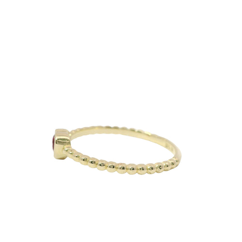14KT Gold Ring Women's Red Round CZ Stone Center with Plain Heart Shape Border and Plain Beaded Band