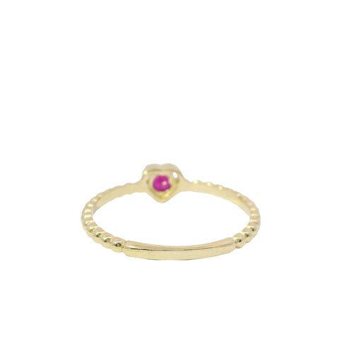 14KT Gold Ring Women's Red Round CZ Stone Center with Plain Heart Shape Border and Plain Beaded Band