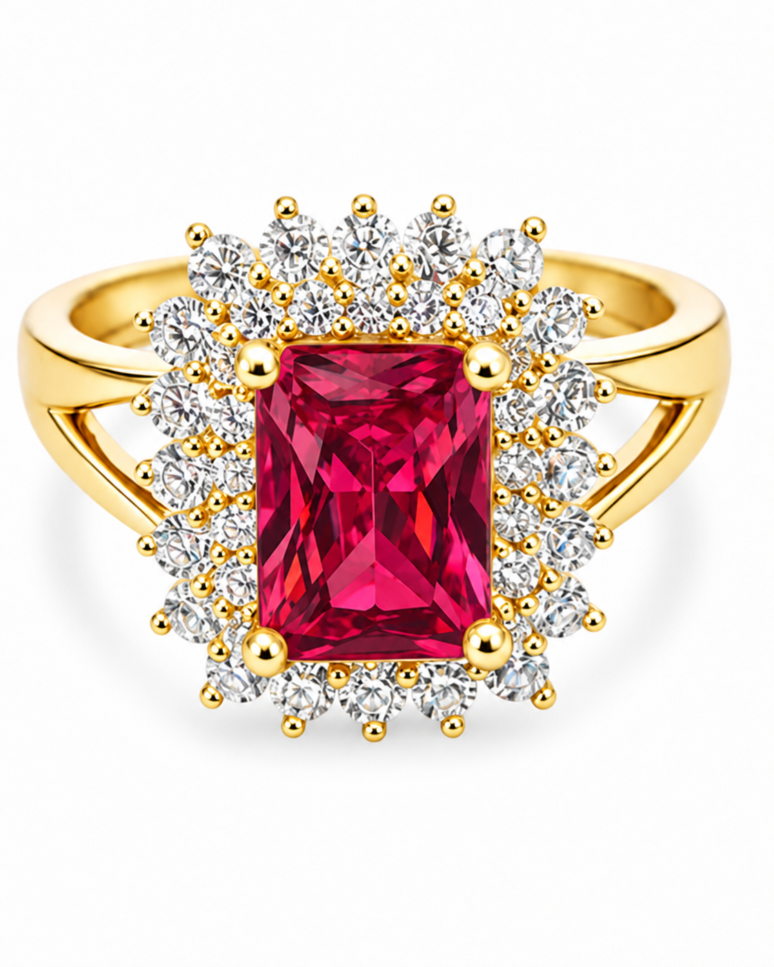 14KT Women's Gold Ring Rectangle Red CZ Stone Center with Round Double White CZ Stones Border and Plain Split Band