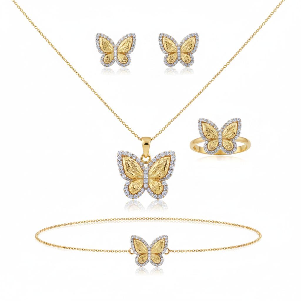 14KT Gold Set Nugget Butterfly with White CZ Stones Border Necklace with Matching Earrings, Bracelet, and Ring