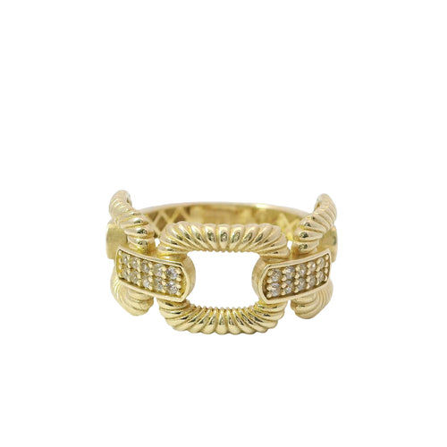 14KT Gold Ring Women's Ribbed Box Link with Two Double Rows of White CZ Stones Bars and Plain Band