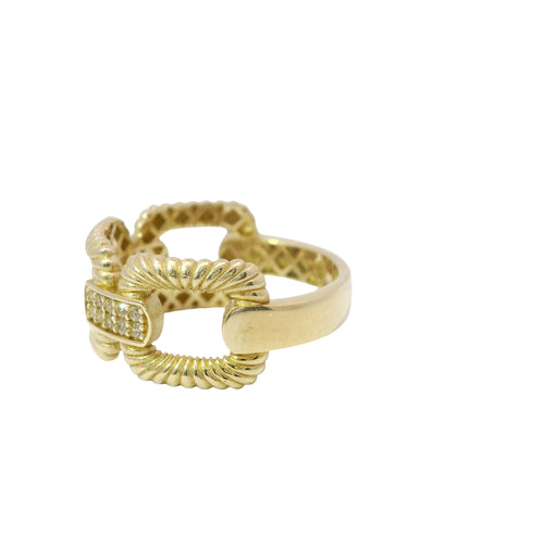 14KT Gold Ring Women's Ribbed Box Link with Two Double Rows of White CZ Stones Bars and Plain Band