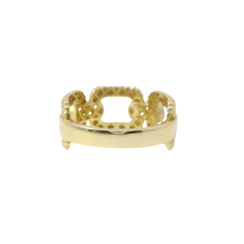 14KT Gold Ring Women's Ribbed Box Link with Two Double Rows of White CZ Stones Bars and Plain Band