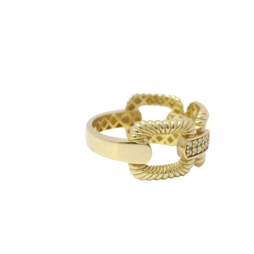 14KT Gold Ring Women's Ribbed Box Link with Two Double Rows of White CZ Stones Bars and Plain Band