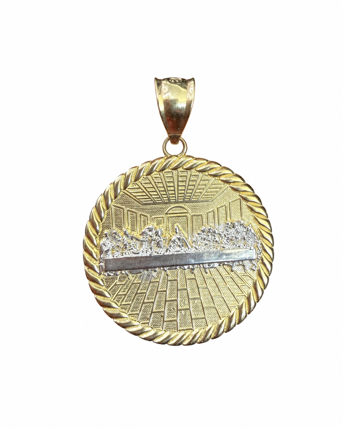 14KT Gold Charm Large Round Two Tone Last Supper with Brick Floor and Rope Print Border with Plain Bell