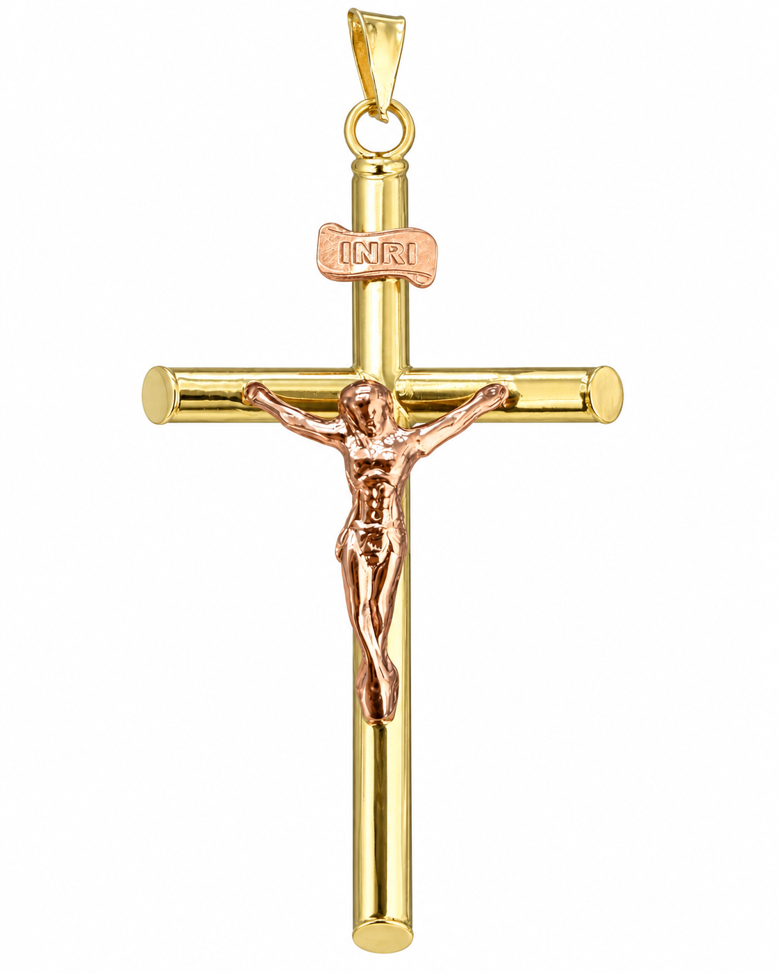 14KT Yellow / Rose Gold Charm Extra Large Two Tone Hollow Tube Slant Ends Crucifix Cross with Plain Bell