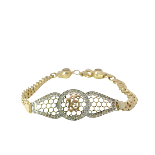 14KT Gold Bracelet Women's Tri Tone "15" Honeycomb Quinceanera Plaque with White CZ Stones Border and White CZ Stones Border and White CZ Stone End Cuban Link Lobster Clasp