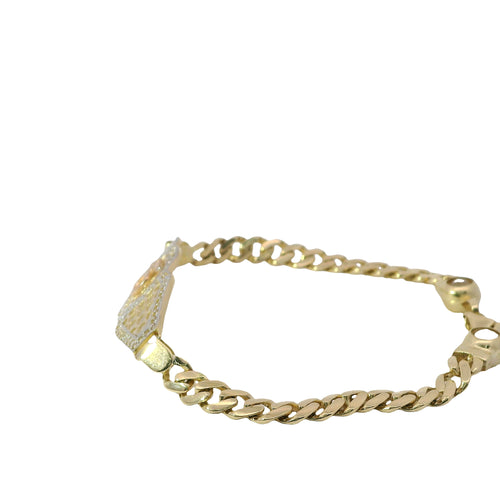 14KT Gold Bracelet Women's Tri Tone "15" Honeycomb Quinceanera Plaque with White CZ Stones Border and White CZ Stones Border and White CZ Stone End Cuban Link Lobster Clasp