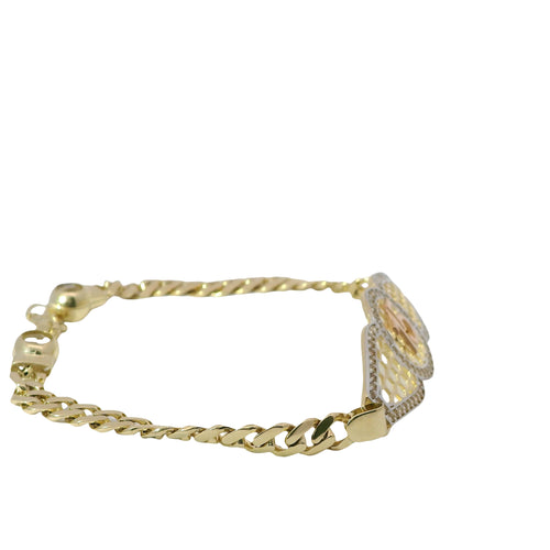 14KT Gold Bracelet Women's Tri Tone "15" Honeycomb Quinceanera Plaque with White CZ Stones Border and White CZ Stones Border and White CZ Stone End Cuban Link Lobster Clasp