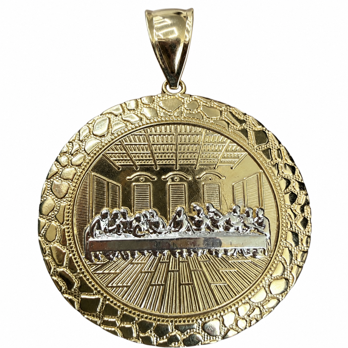 14KT Gold Charm XL Round Two Tone Last Supper with Nugget Border and Plain Bell