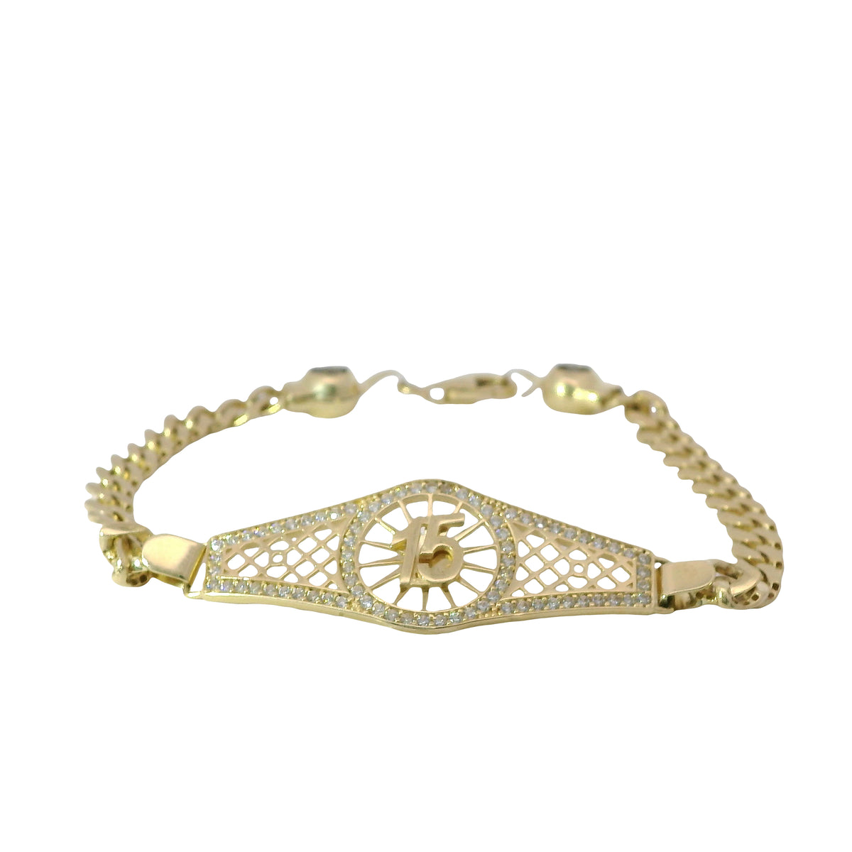 14KT Gold Bracelet Women's "15" Lattice Quinceanera Plaque with Round Center and White CZ Stones Border and White CZ Stones Border and White CZ Stone End Cuban Link Lobster Clasp