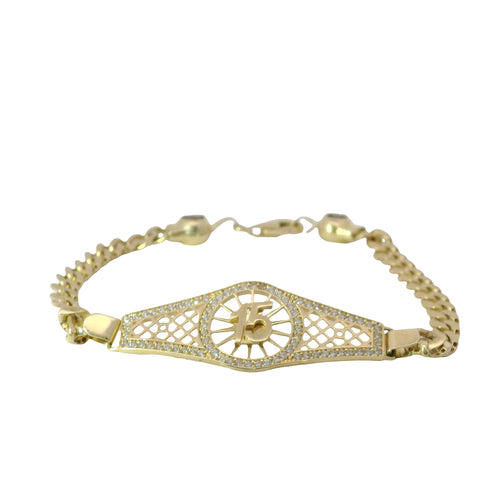 14KT Gold Bracelet Women's "15" Lattice Quinceanera Plaque with Round Center and White CZ Stones Border and White CZ Stones Border and White CZ Stone End Cuban Link Lobster Clasp