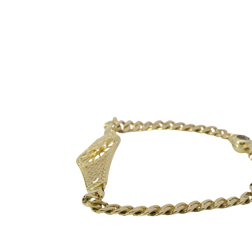 14KT Gold Bracelet Women's "15" Lattice Quinceanera Plaque with Round Center and White CZ Stones Border and White CZ Stones Border and White CZ Stone End Cuban Link Lobster Clasp