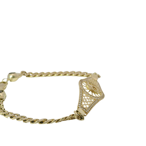 14KT Gold Bracelet Women's "15" Lattice Quinceanera Plaque with Round Center and White CZ Stones Border and White CZ Stones Border and White CZ Stone End Cuban Link Lobster Clasp