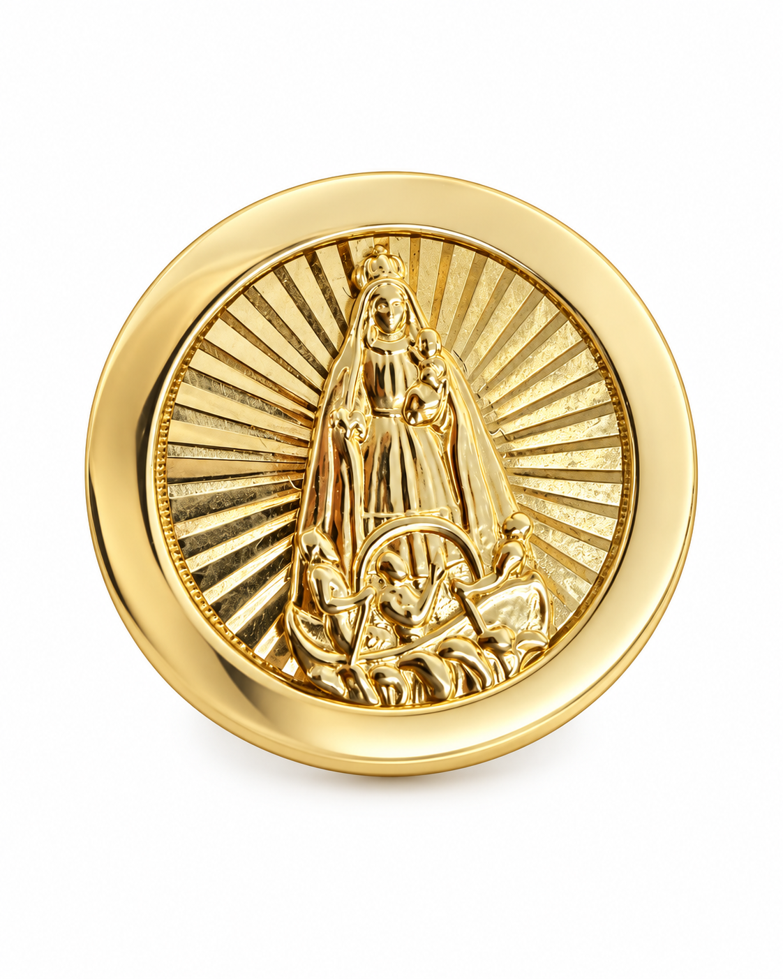 14KT Gold Ring Men's Round Caridad Cobre Sunray Background with Plain Border, Double Row White CZ Stones Edge, and Plain Band