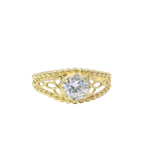 14KT Gold Ring Women's Round White CZ Stone Center Eight Prong Open Abstract Flower Sides and Plain Bead Split Band