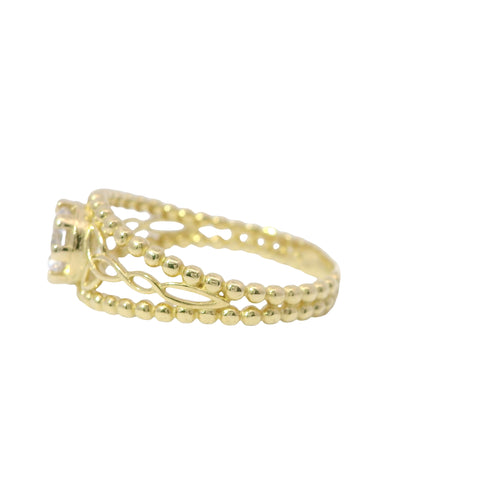 14KT Gold Ring Women's Round White CZ Stone Center Eight Prong Open Abstract Flower Sides and Plain Bead Split Band