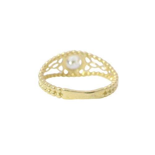 14KT Gold Ring Women's Round White CZ Stone Center Eight Prong Open Abstract Flower Sides and Plain Bead Split Band