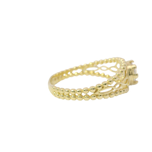 14KT Gold Ring Women's Round White CZ Stone Center Eight Prong Open Abstract Flower Sides and Plain Bead Split Band