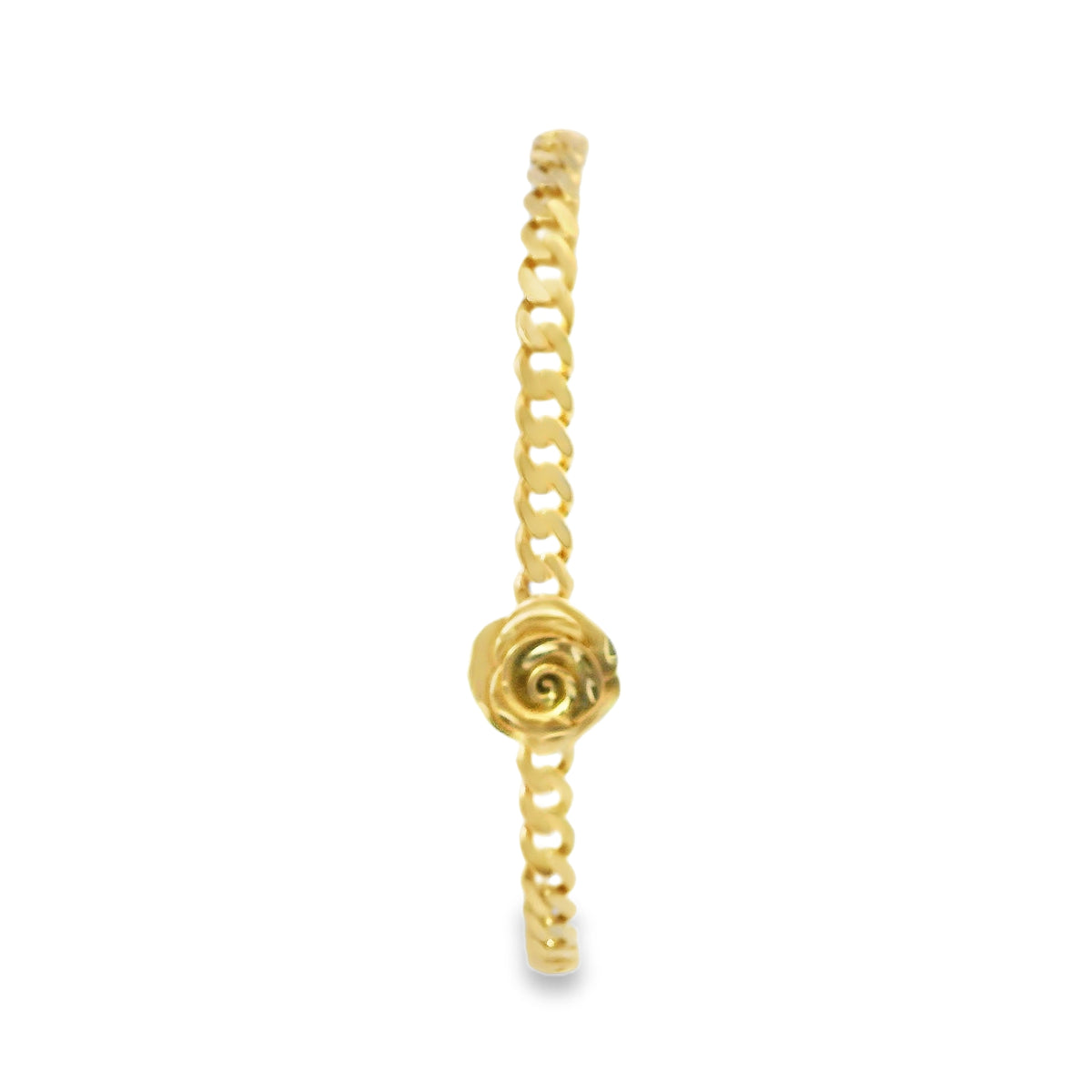 14KT Gold Bracelet Women's Single Charm Rose with Cuban Link Band and Plain White CZ Stones Box Clasp