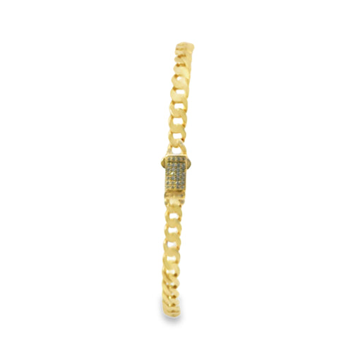14KT Gold Bracelet Women's Single Charm Rose with Cuban Link Band and Plain White CZ Stones Box Clasp