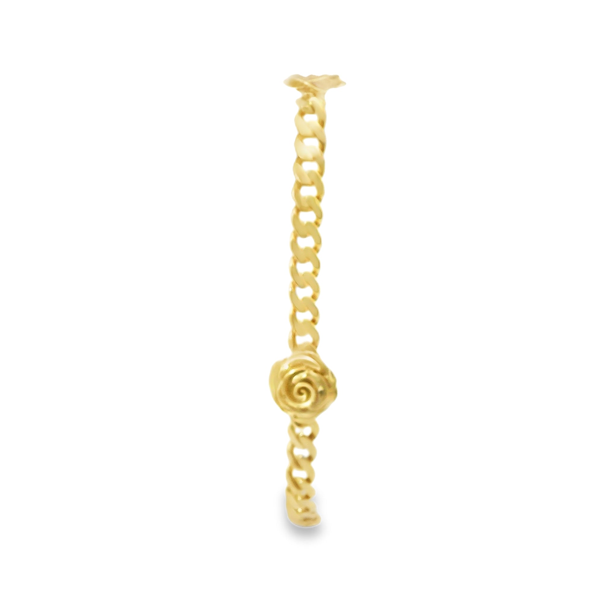 14KT Gold Bracelet Women's Three Charm Rose with Cuban Link Band and Plain White CZ Stones Box Clasp