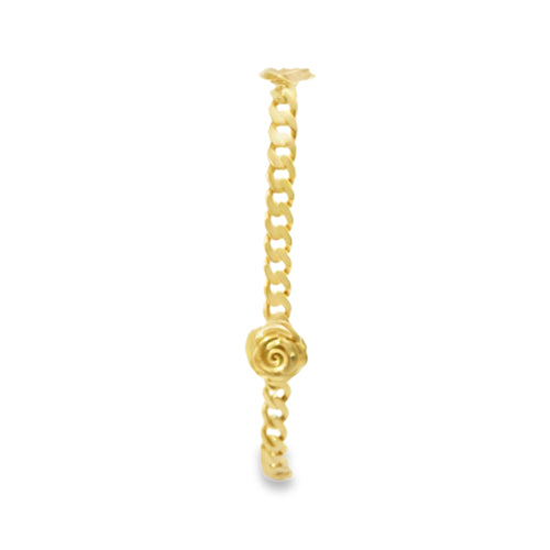 14KT Gold Bracelet Women's Three Charm Rose with Cuban Link Band and Plain White CZ Stones Box Clasp