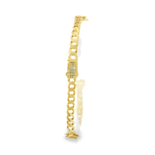 14KT Gold Bracelet Women's Three Charm Rose with Cuban Link Band and Plain White CZ Stones Box Clasp