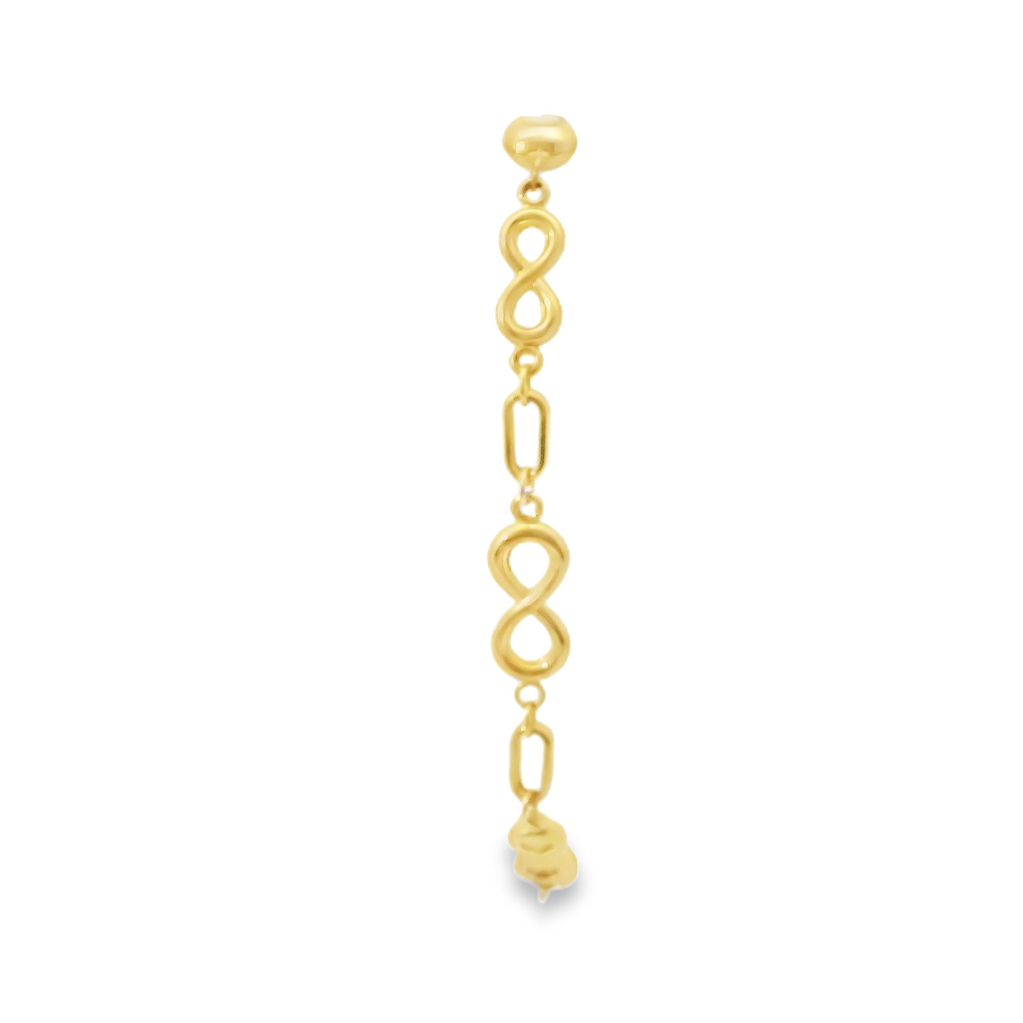 14KT Gold Bracelet Women's Three Charm Infinity Loop with Paperclip Links and White CZ Stone End Lobster Clasp