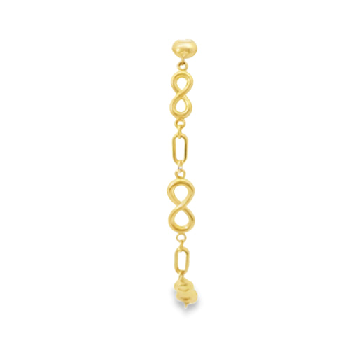 14KT Gold Bracelet Women's Three Charm Infinity Loop with Paperclip Links and White CZ Stone End Lobster Clasp