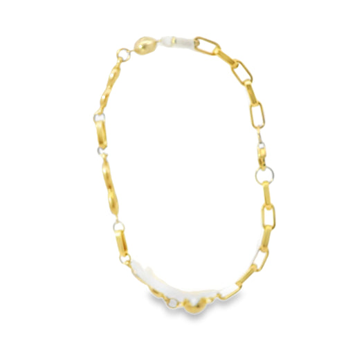 14KT Gold Bracelet Women's Three Charm Infinity Loop with Paperclip Links and White CZ Stone End Lobster Clasp