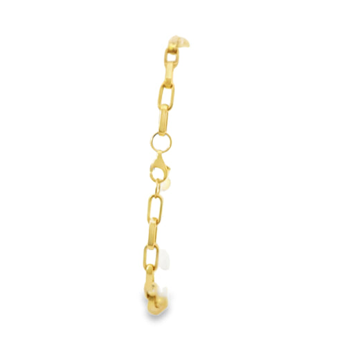 14KT Gold Bracelet Women's Three Charm Infinity Loop with Paperclip Links and White CZ Stone End Lobster Clasp