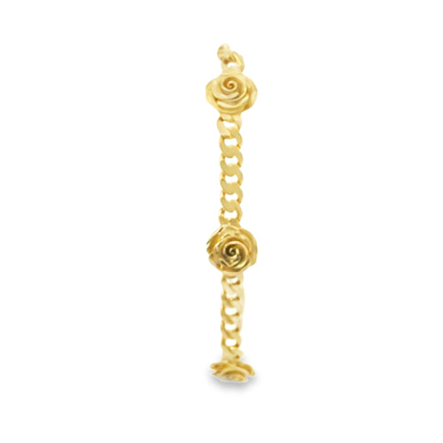 14KT Gold Bracelet Women's Five Charm Rose with Cuban Link Band and Plain White CZ Stones Box Clasp