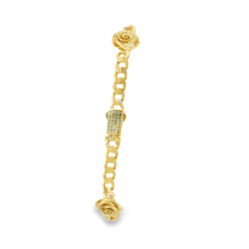 14KT Gold Bracelet Women's Five Charm Rose with Cuban Link Band and Plain White CZ Stones Box Clasp