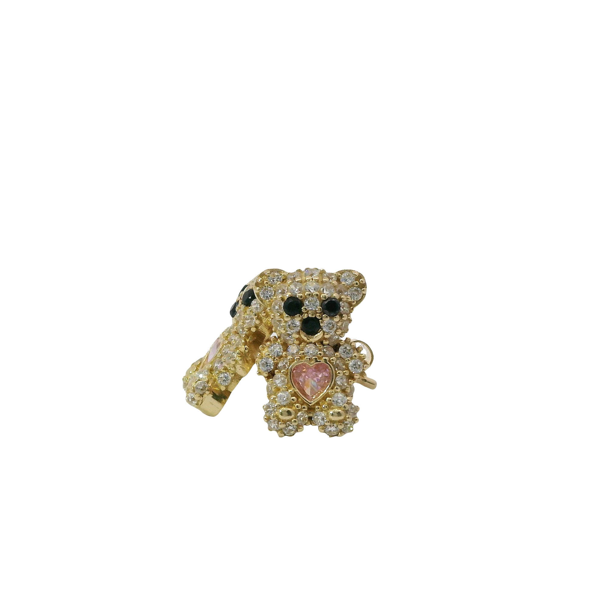 14KT Gold Earring Small White CZ Stones Teddy Bear with Black CZ Stones Eyes, Pink Heart CZ Stone Belly, Push Back Post, and Butterfly Backs